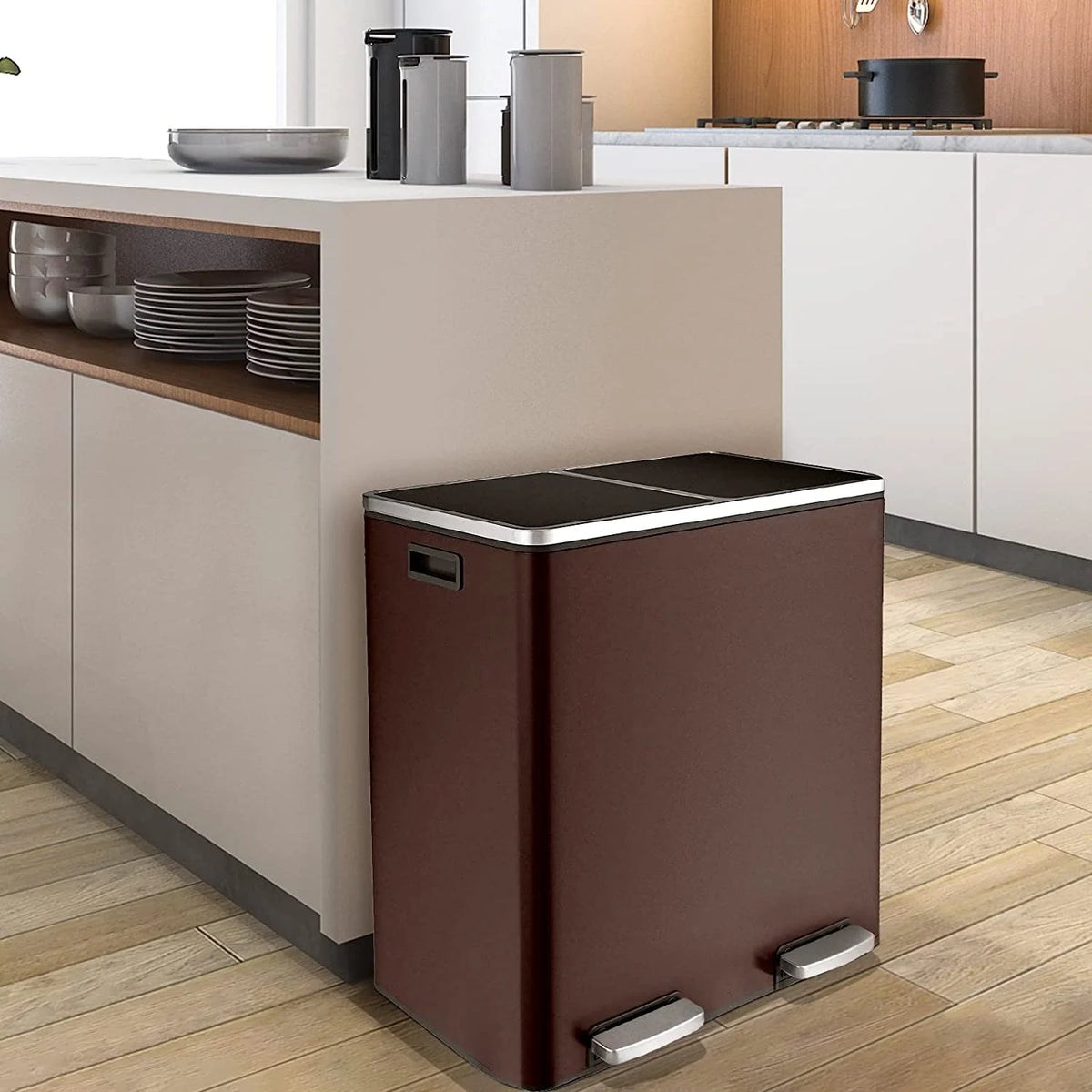 Arlopu 60 L/16 gal Dual Trash Can, Stainless Steel Garbage Can for Kitchen, Recycle Bin with Lid - image 36
