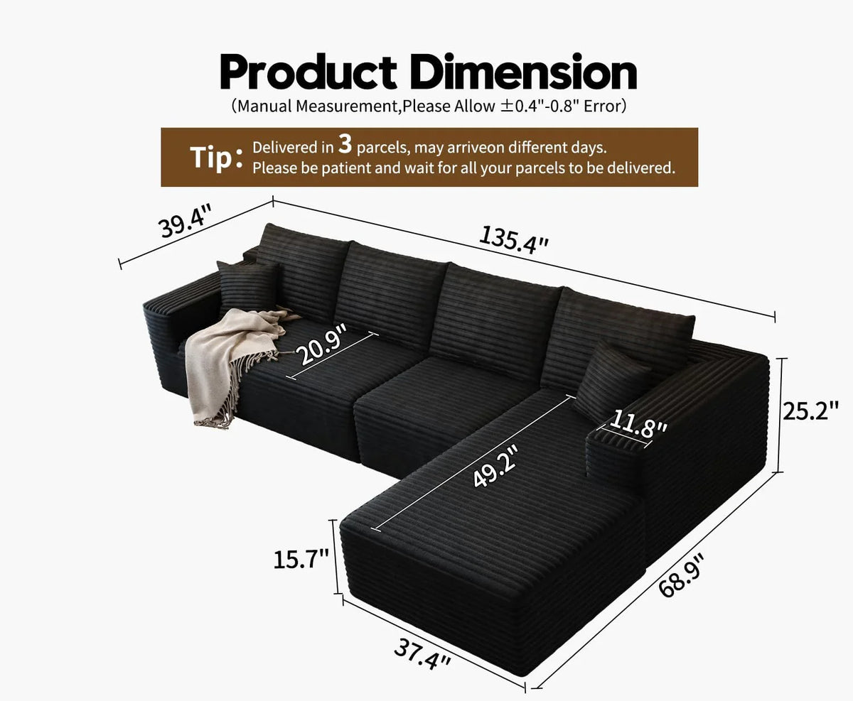 107.5" Cloud Modular Sectional Sofa Couch with L-Shape Chaise,Modern Minimalist Upholstered Couches for Living Room Bedroom,Deep Seat Corner Couch .No Assembly Required (Black,Left Facing Chaise) - image 47