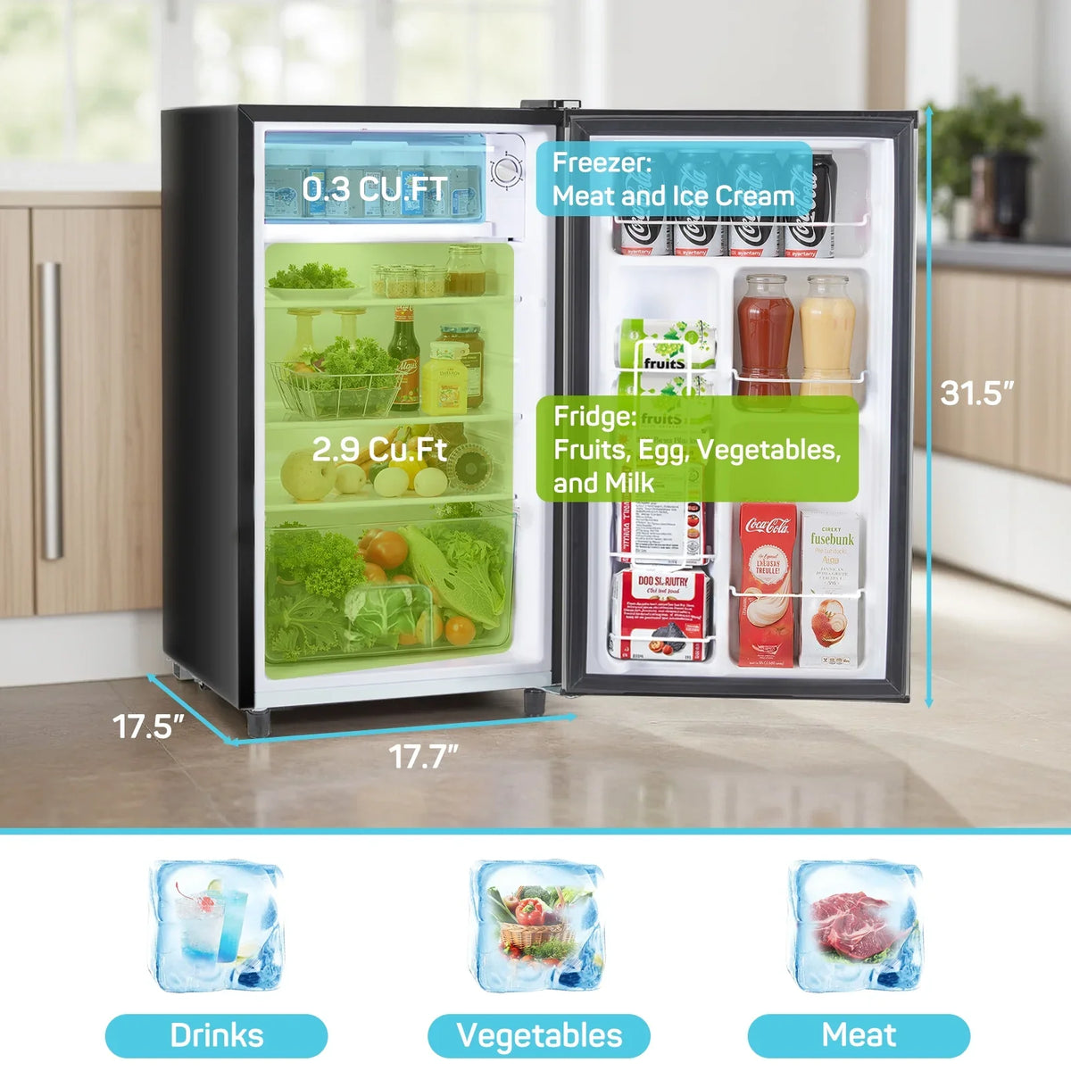 Upgraded Mini Fridge with Freezer, Compact Single Door, 3.2 Cu.Ft , Adjustable Thermostat, Low Noise, Perfect for Bedroom, Dorm, Office, 17.5" D x 17.7" W x 31.5" H, Black - image 4