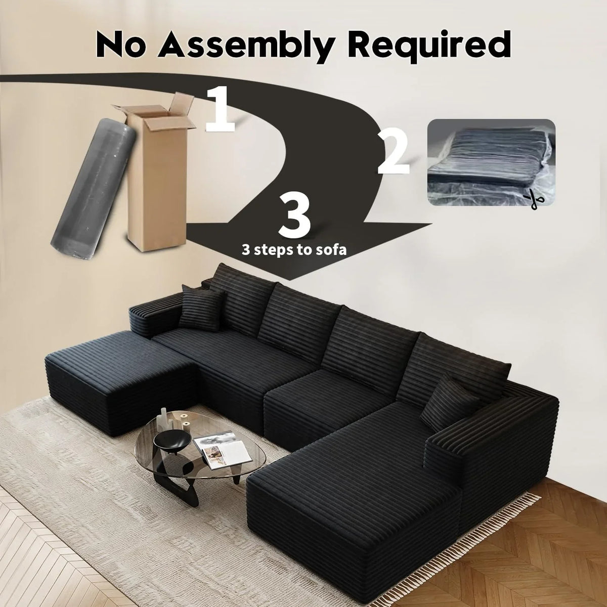 107.5" Cloud Modular Sectional Sofa Couch with L-Shape Chaise,Modern Minimalist Upholstered Couches for Living Room Bedroom,Deep Seat Corner Couch .No Assembly Required (Black,Left Facing Chaise) - image 11