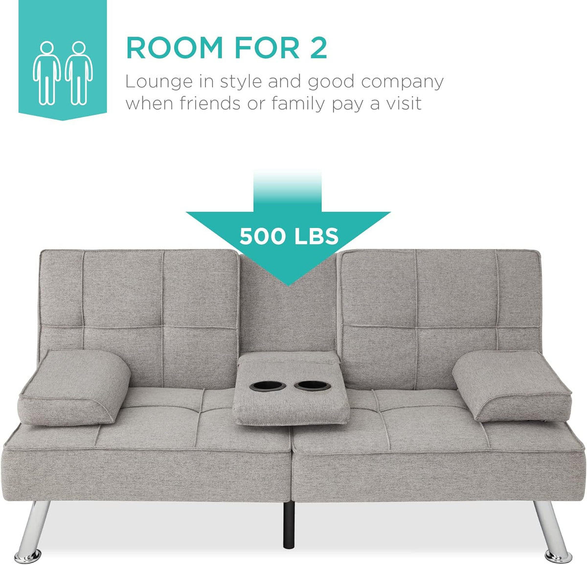 Best Choice Products Linen Upholstered Modern Convertible Folding Futon Sofa Bed for Compact Living Space, Apartment, Dorm, Bonus Room w/Removable Armrests, Metal Legs, 2 Cupholders - Gray - image 19