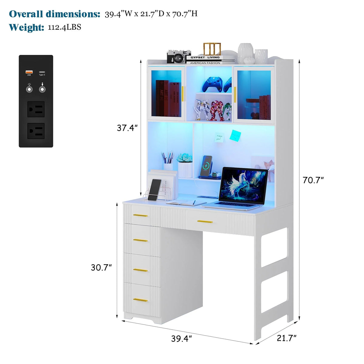 HNEBC LED Study Desk with Hutch and Drawer, Home Office Desk with Outlet, Computer Desk with Charging Station - image 3