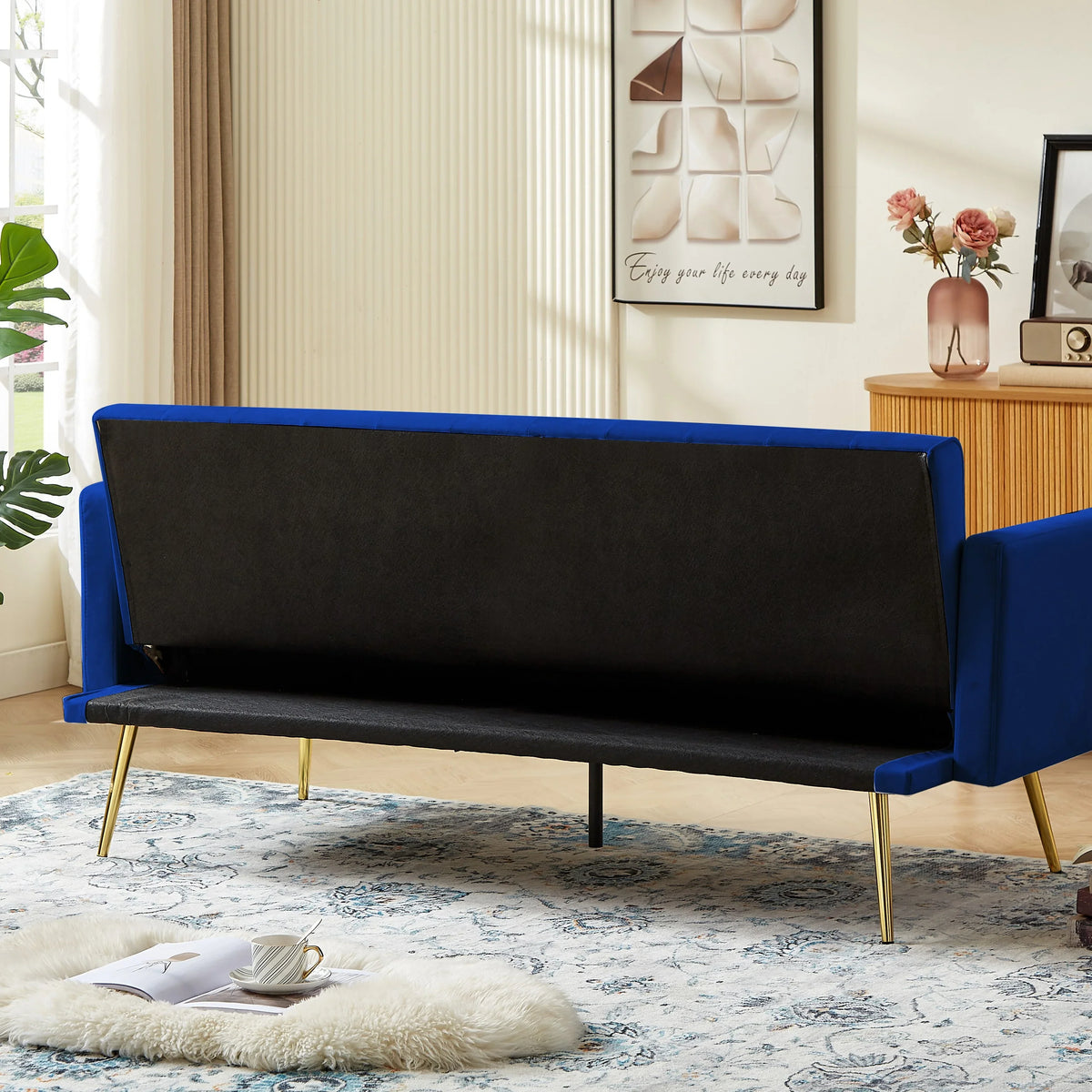 Leumius Velvet Futon Sofa Bed Mid-Century Modern Adjustable Backrest with Pillows, Gray/Gold - image 27