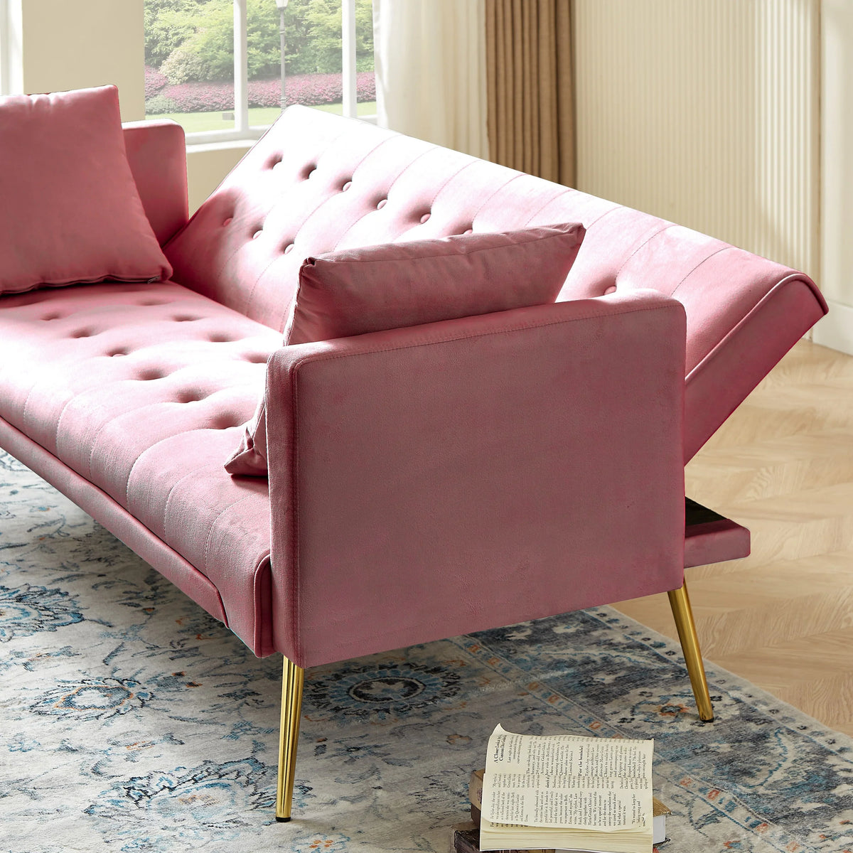 Leumius Velvet Futon Sofa Bed Mid-Century Modern Adjustable Backrest with Pillows, Gray/Gold - image 22