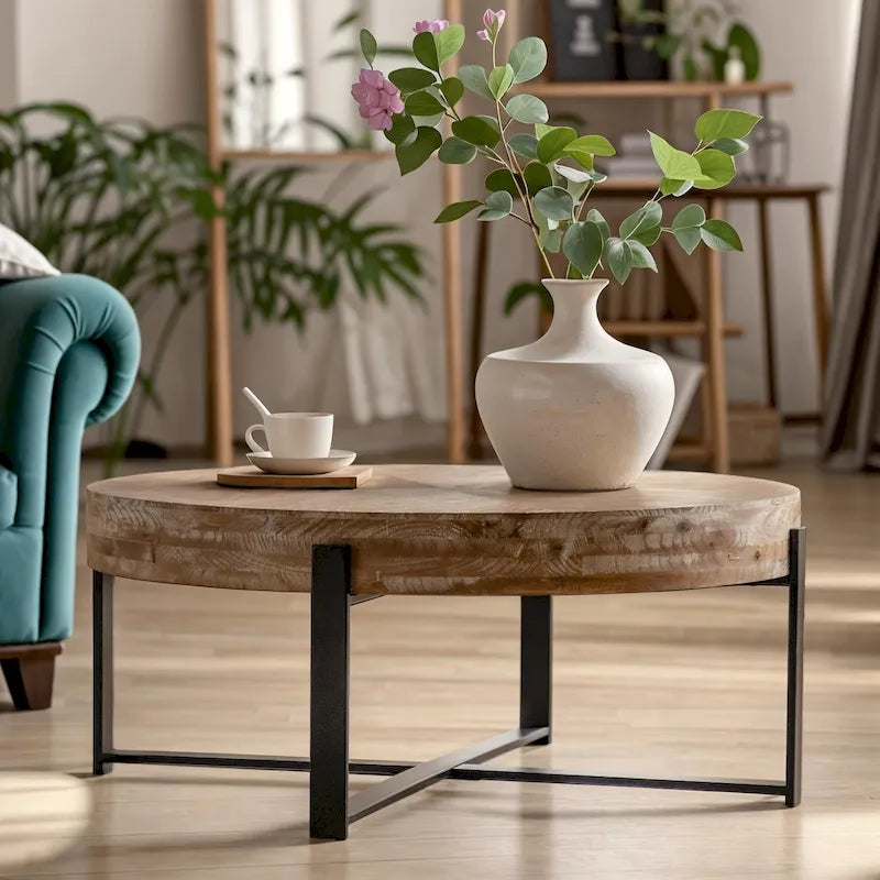 33.86" Modern Retro Round Coffee Table with Cross-Leg Base and Wooden Splicing Design - image 4