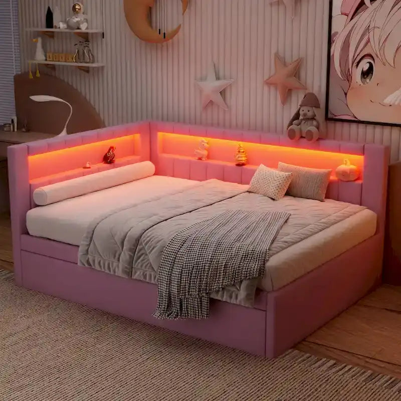 Upholstered Platform Bed with USB Ports & LED Lighting - Full/Twin Size Bed Frame with 2 Storage Drawers - Modern Bedroom - image 12