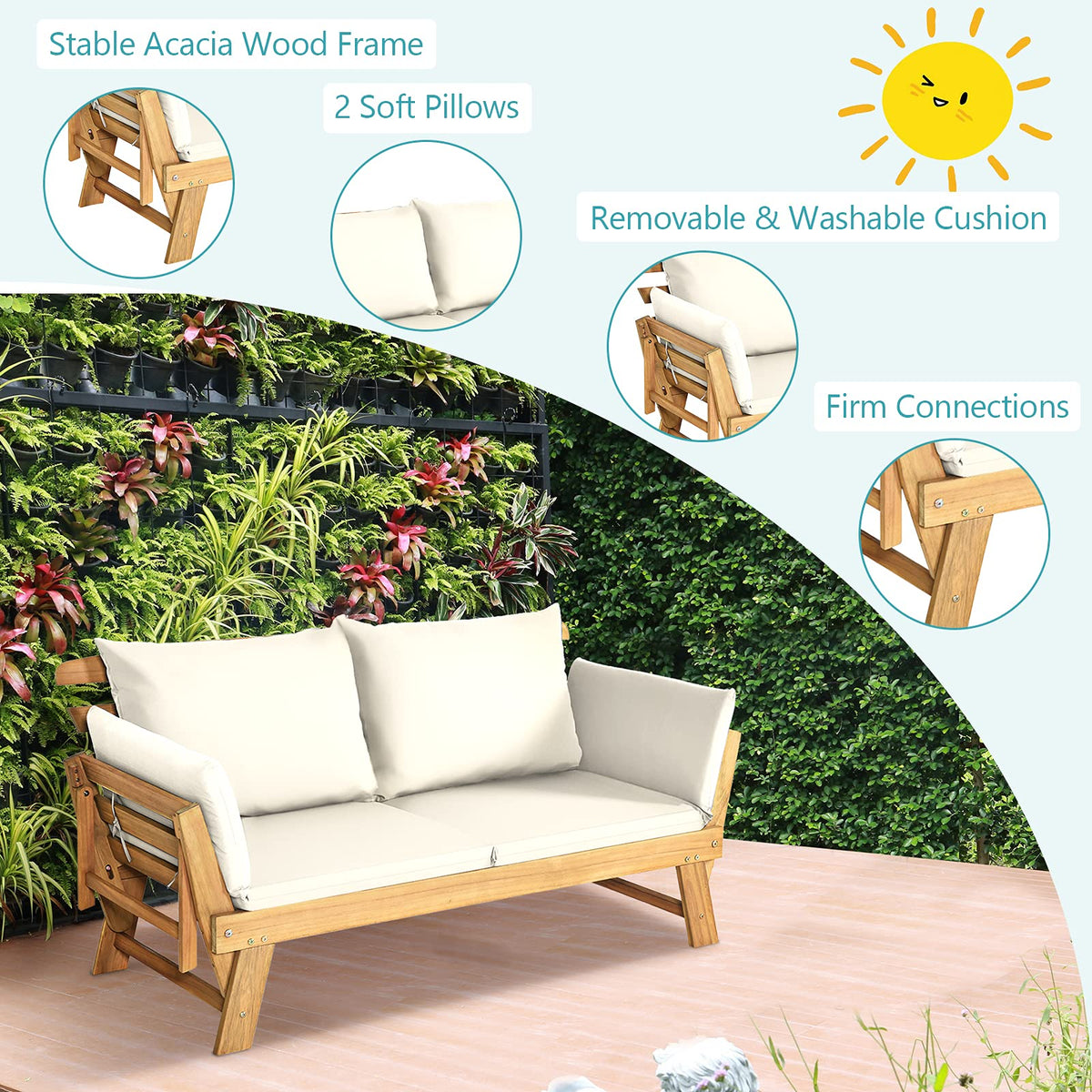 Outdoor Convertible Acacia Wood Daybed, Couch Sofa Bed w/Adjustable Armrest - image 7
