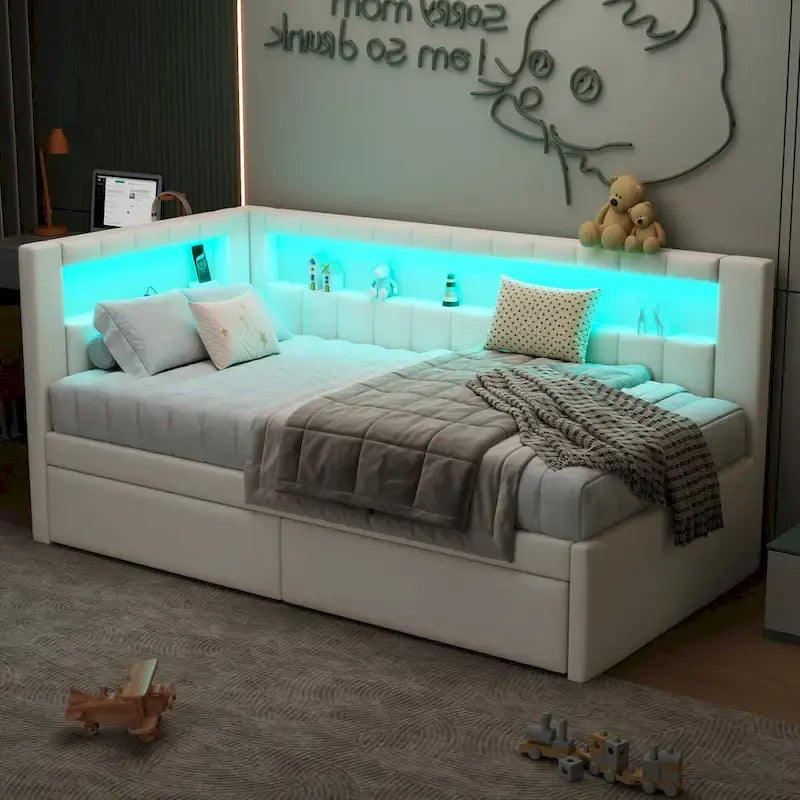 Upholstered Platform Bed with USB Ports & LED Lighting - Full/Twin Size Bed Frame with 2 Storage Drawers - Modern Bedroom - image 1