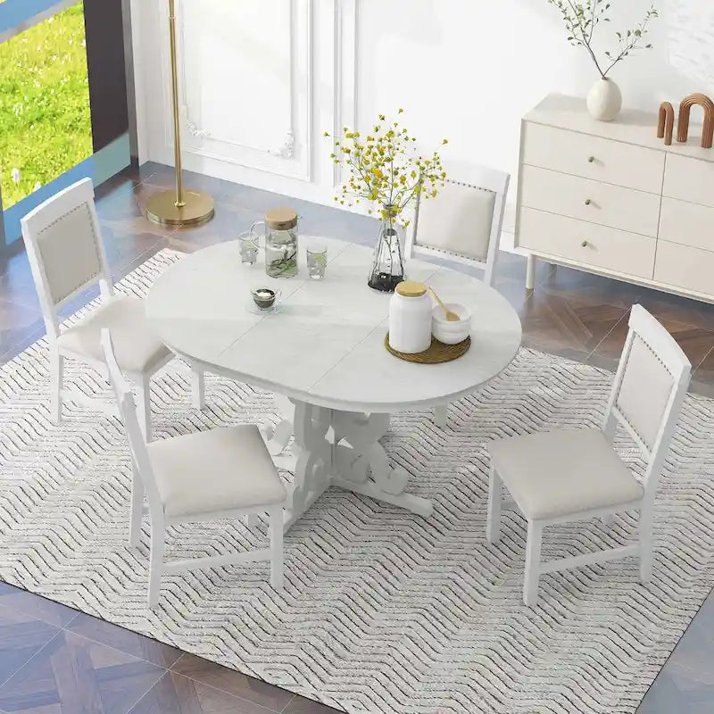 Vintage White 5-Piece Wooden Dining Set with Extendable Table and 4 Chairs - image 4