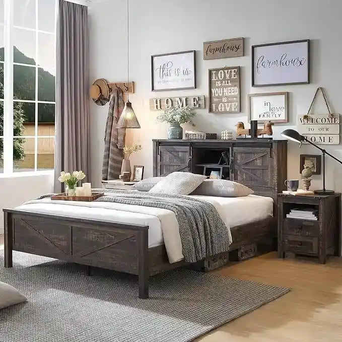 Farmhouse Full Bed Frame with Storage Shelves and Built-in Charging Station - image 18