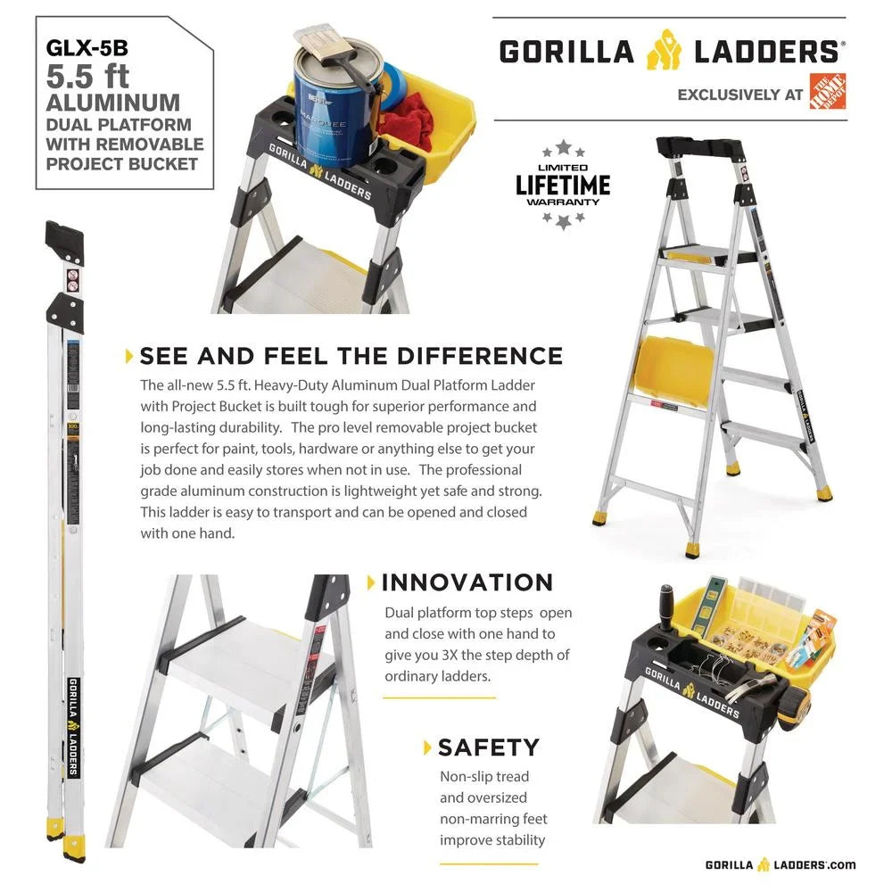 Gorilla Ladders Removable Dual Platform Heavy Duty Ladder with Project Bucket, 5.5 Ft, Aluminum, Multicolor - image 5