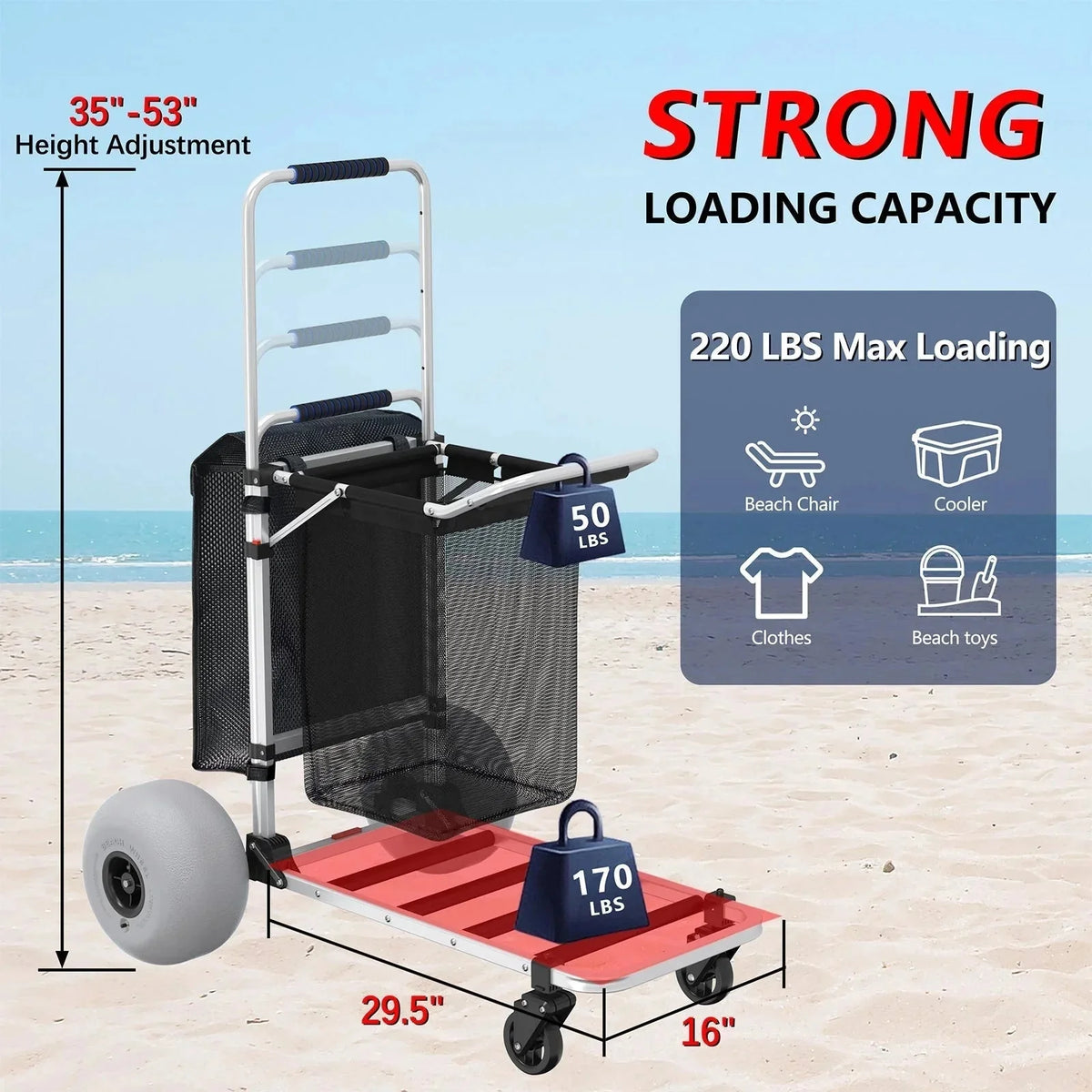 GDLF Foldable Beach Cart with Adjustable Handle and 12" Balloon Wheels, Heavy Duty Aluminum 220LBS Capacity - image 7