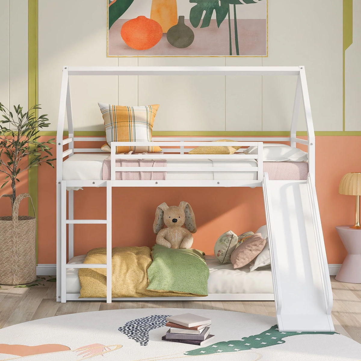 Jump Into Fun Bunk Bed Twin Over Twin, Metal Bunk Bed with Slide, House Low Bunk Bed with Ladder and Safety Guardrails, Noise Free Floor Twin Bunk Beds for Kids, Adults, Bedroom, White - image 7