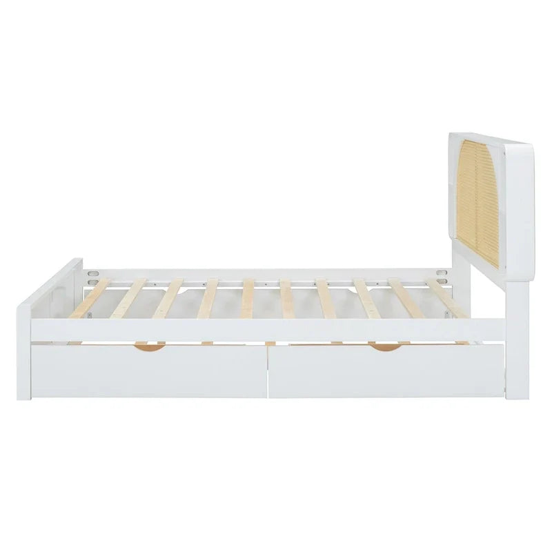 White Queen Size Rattan Bed with Trundle and Dual Storage Drawers - image 7