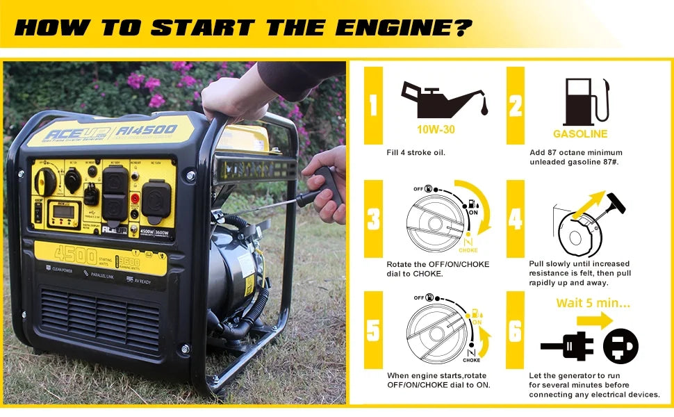 Aceup Energy 4500 Watt Open Frame Inverter Generator, Gas Generator 223CC RV-Ready, 4000W Generator EPA Compliant - image 6