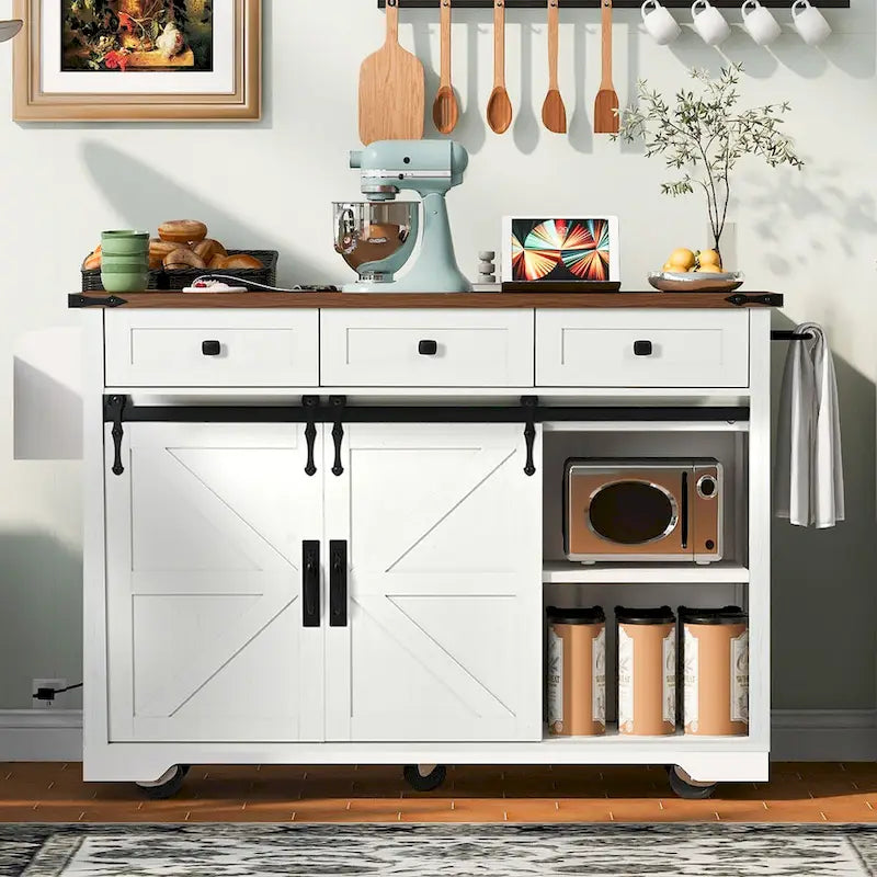 53.7-Inch Farmhouse Kitchen Island with Power Outlet, Featuring 2 Sliding Barn Doors and Drop Leaf Design - image 3