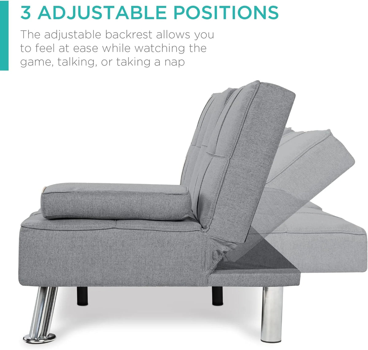 Best Choice Products Linen Upholstered Modern Convertible Folding Futon Sofa Bed for Compact Living Space, Apartment, Dorm, Bonus Room w/Removable Armrests, Metal Legs, 2 Cupholders - Gray - image 30
