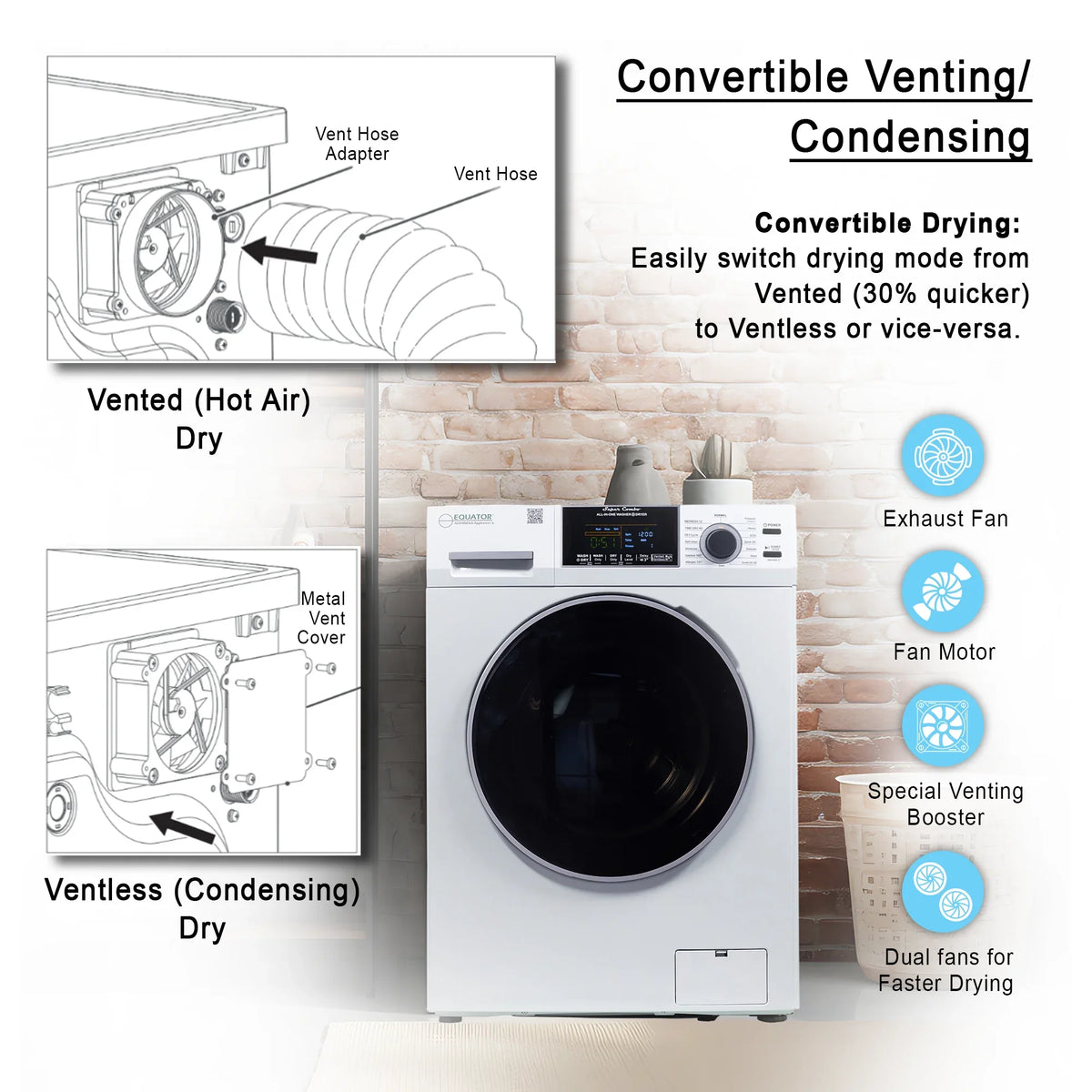 Equator Combination Washer Dryer Ventless/Vented Pet cycle 1.62cf/15lbs 110V with Adjustable legs - image 4