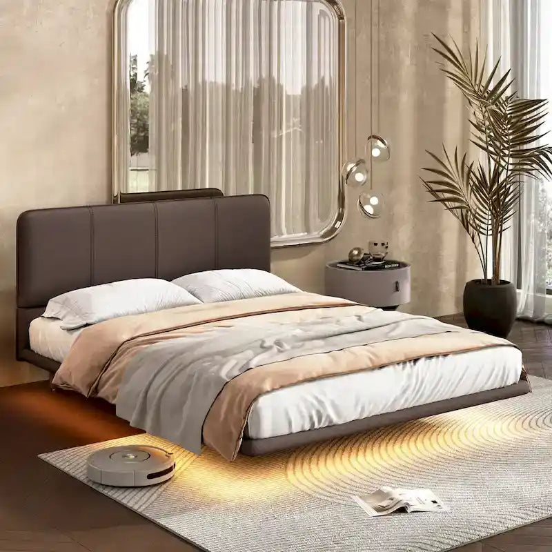 Christopher Knight Home Korli Contemporary Upholstered Leather Floating Bed Frame and Headboard Set with LED Lighting - image 3
