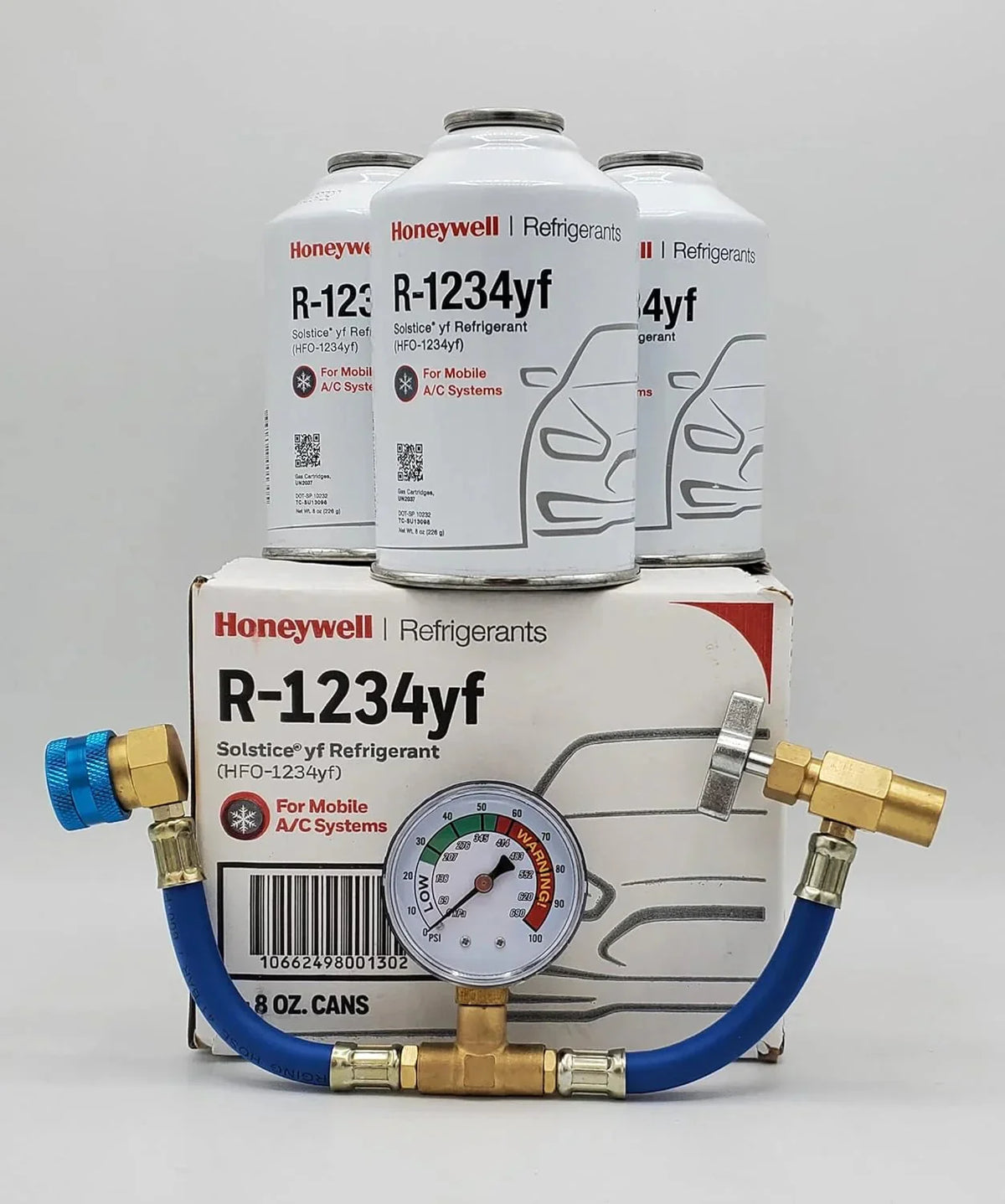 Genuine 8oz R1234YF Refrigerant (3 Freon Cans) & HD Brass Can Tap with Gauge-Honey Well - image 1