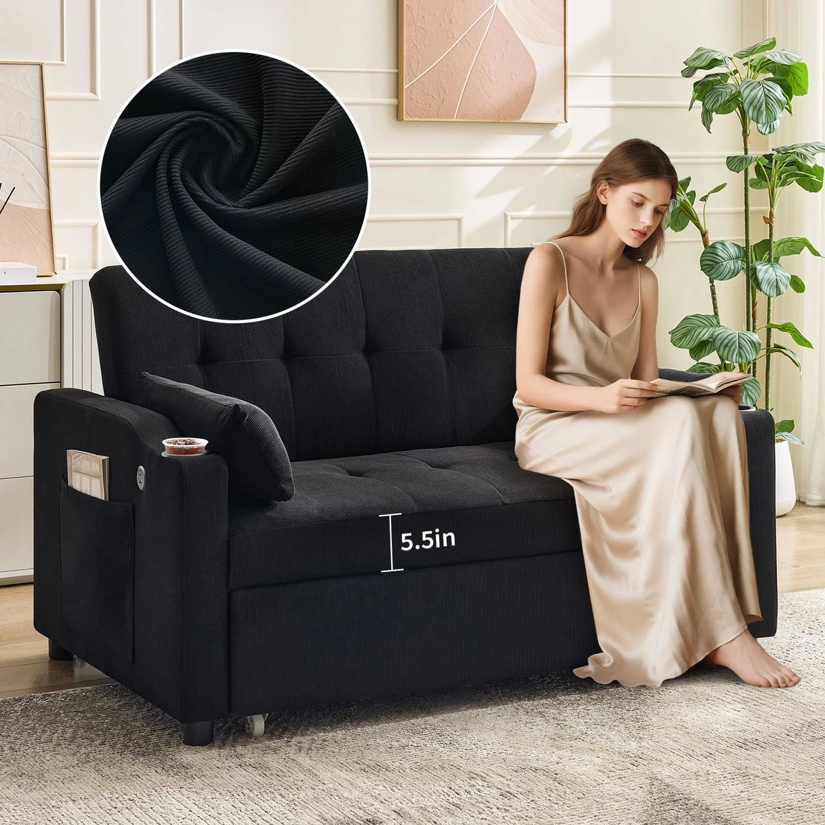 3 in 1 Convertible Sleeper Sofa Bed, Corduroy Futon Couches with Pull-Out Bed, Adjustable Backrest, Charging Port & Side Pockets, Modern Upholstered Sofa for Living Room, Guest Room - image 11
