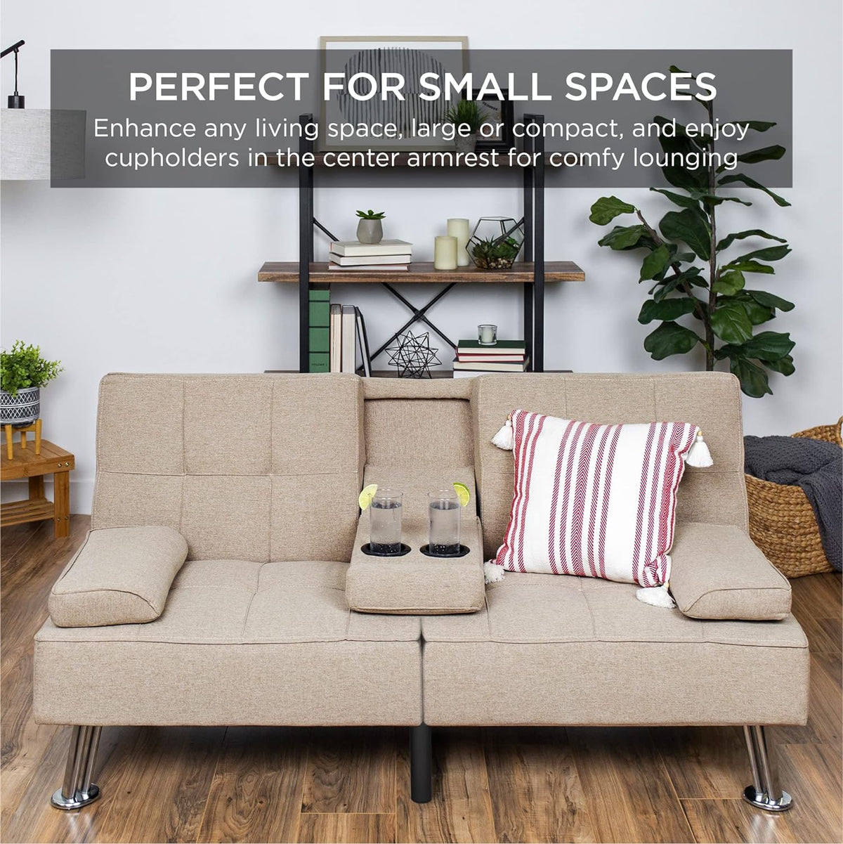 Best Choice Products Linen Upholstered Modern Convertible Folding Futon Sofa Bed for Compact Living Space, Apartment, Dorm, Bonus Room w/Removable Armrests, Metal Legs, 2 Cupholders - Gray - image 10
