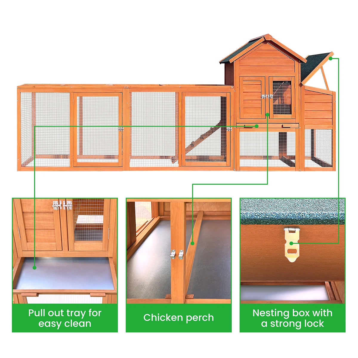 Pefilos 112" Large Rabbit Hutch Outdoor Wood Chicken Coop, Hen House with Nest Box, Wire Fence Poultry Cage, Orange - image 5