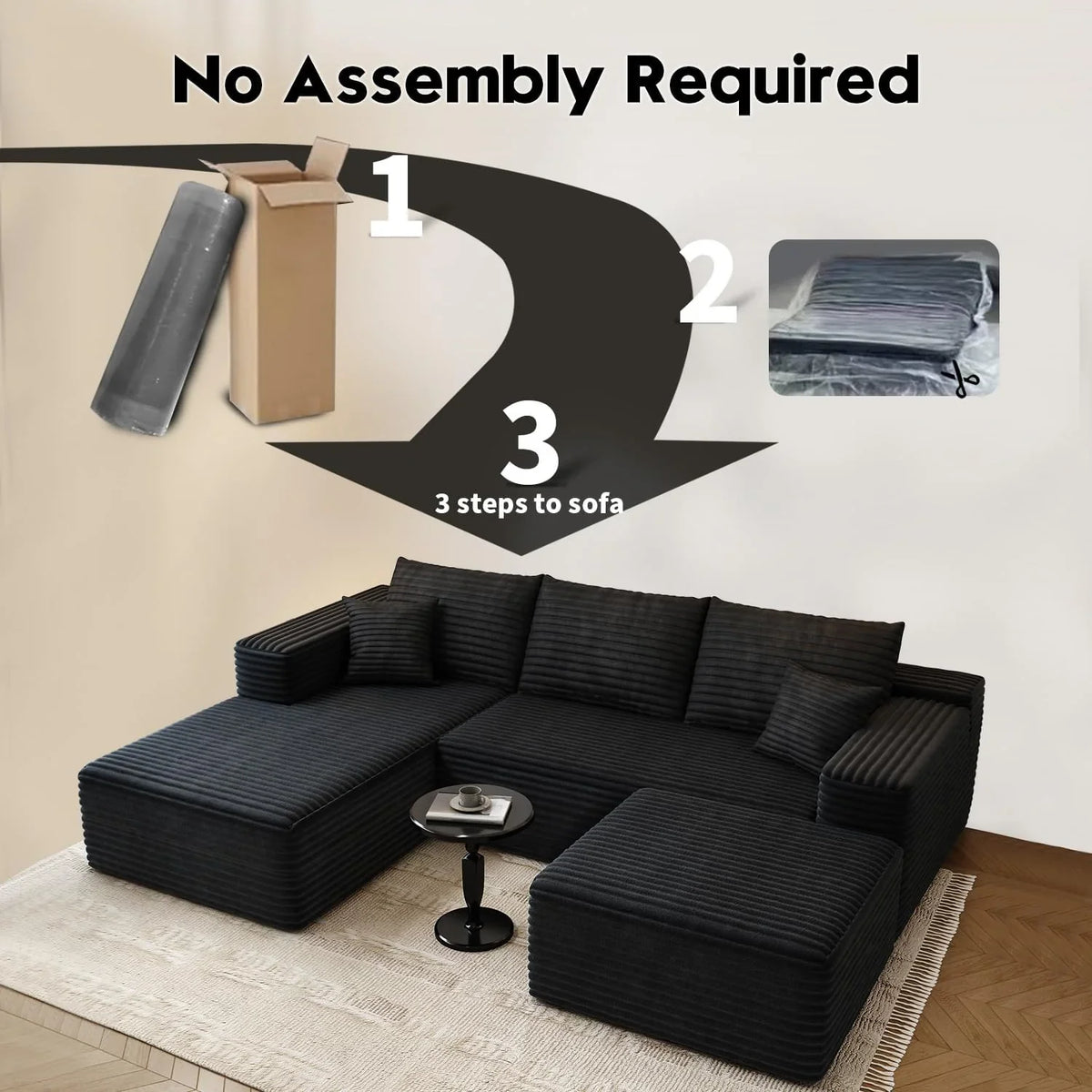 107.5" Cloud Modular Sectional Sofa Couch with L-Shape Chaise,Modern Minimalist Upholstered Couches for Living Room Bedroom,Deep Seat Corner Couch .No Assembly Required (Black,Left Facing Chaise) - image 65