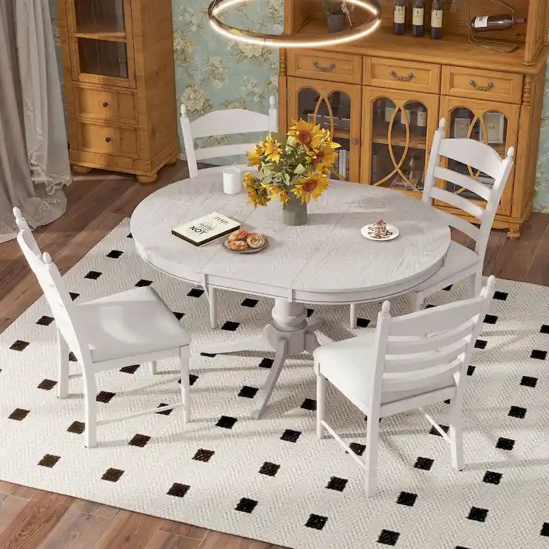 5-Piece Retro Wood Dining Set: Round Extendable Table with 4 Upholstered Chairs - image 8