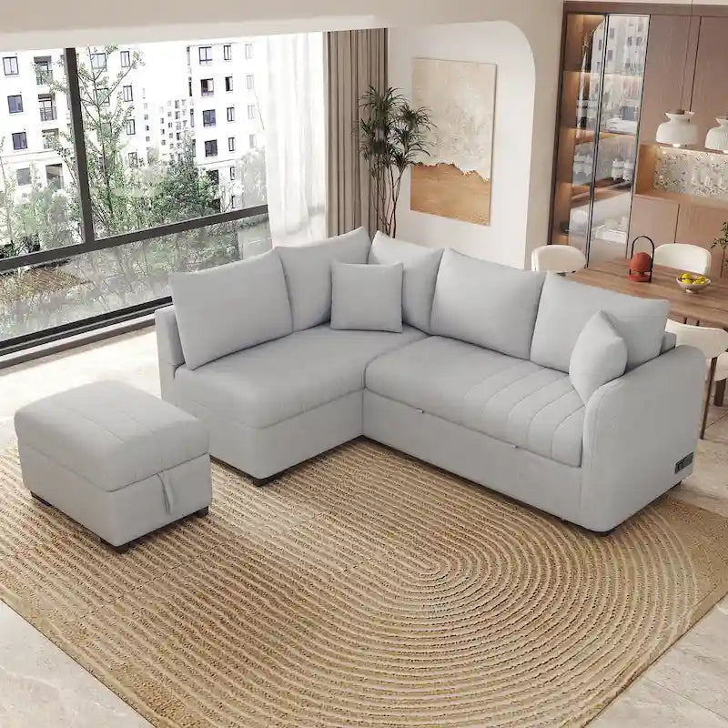 82.6" L-Shaped Sectional Sleeper Sofa Bed with Dual USB Ports, Power Outlets, and Removable Storage Ottoman - Bei - image 7