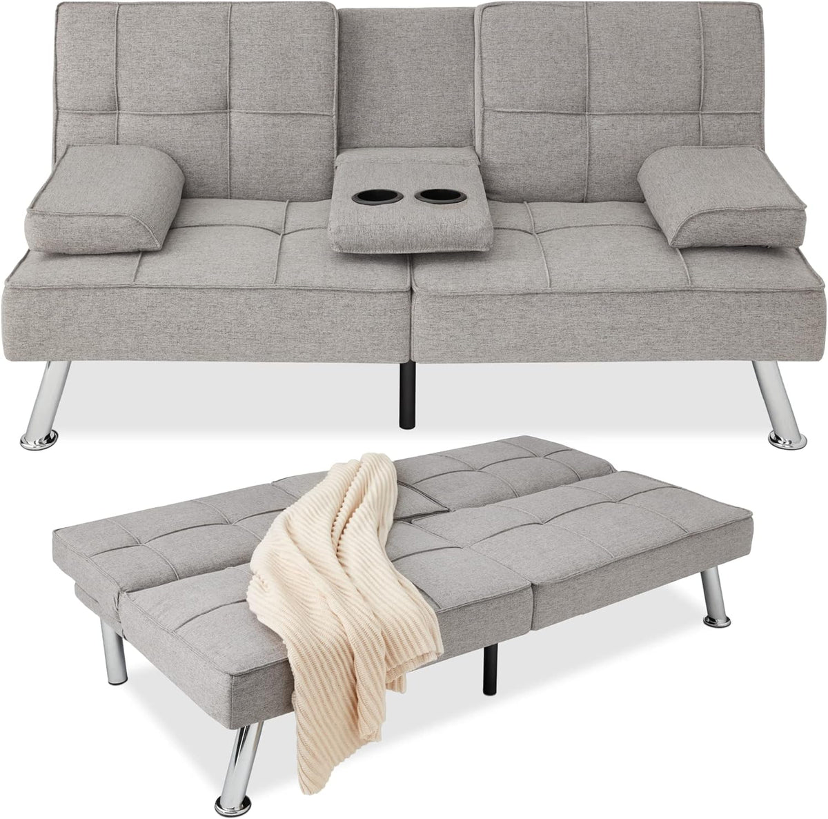 Best Choice Products Linen Upholstered Modern Convertible Folding Futon Sofa Bed for Compact Living Space, Apartment, Dorm, Bonus Room w/Removable Armrests, Metal Legs, 2 Cupholders - Gray - image 6
