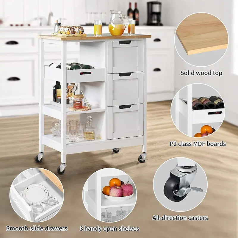 Kleio Solid Wood Kitchen Island Storage Cart with 3 Drawers - Rolling Serving Trolley - image 5
