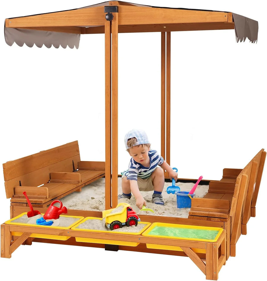 Kids Wooden Outdoor Sandbox w/Canopy, 2 Foldable Bench Seats, Retractable Roof Sand Protection Liner 47x47-Inch - image 1