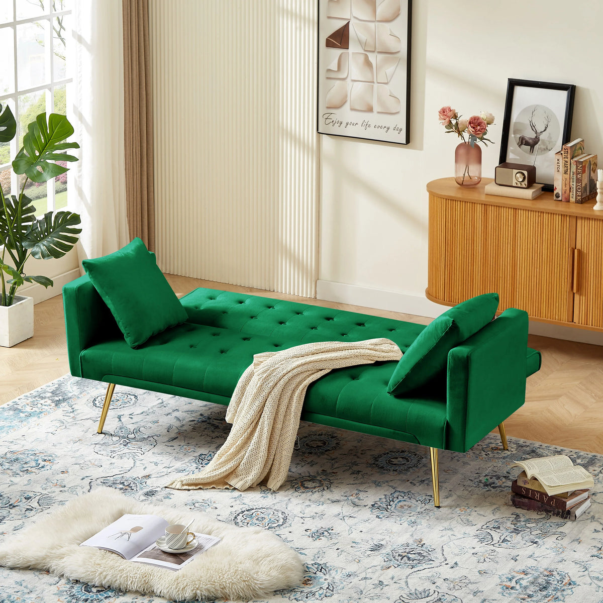 Leumius Velvet Futon Sofa Bed Mid-Century Modern Adjustable Backrest with Pillows, Gray/Gold - image 31