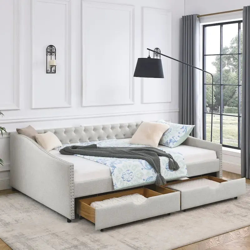 Upholstered Tufted Queen Size Daybed Sofa Bed with Storage Drawers - image 37