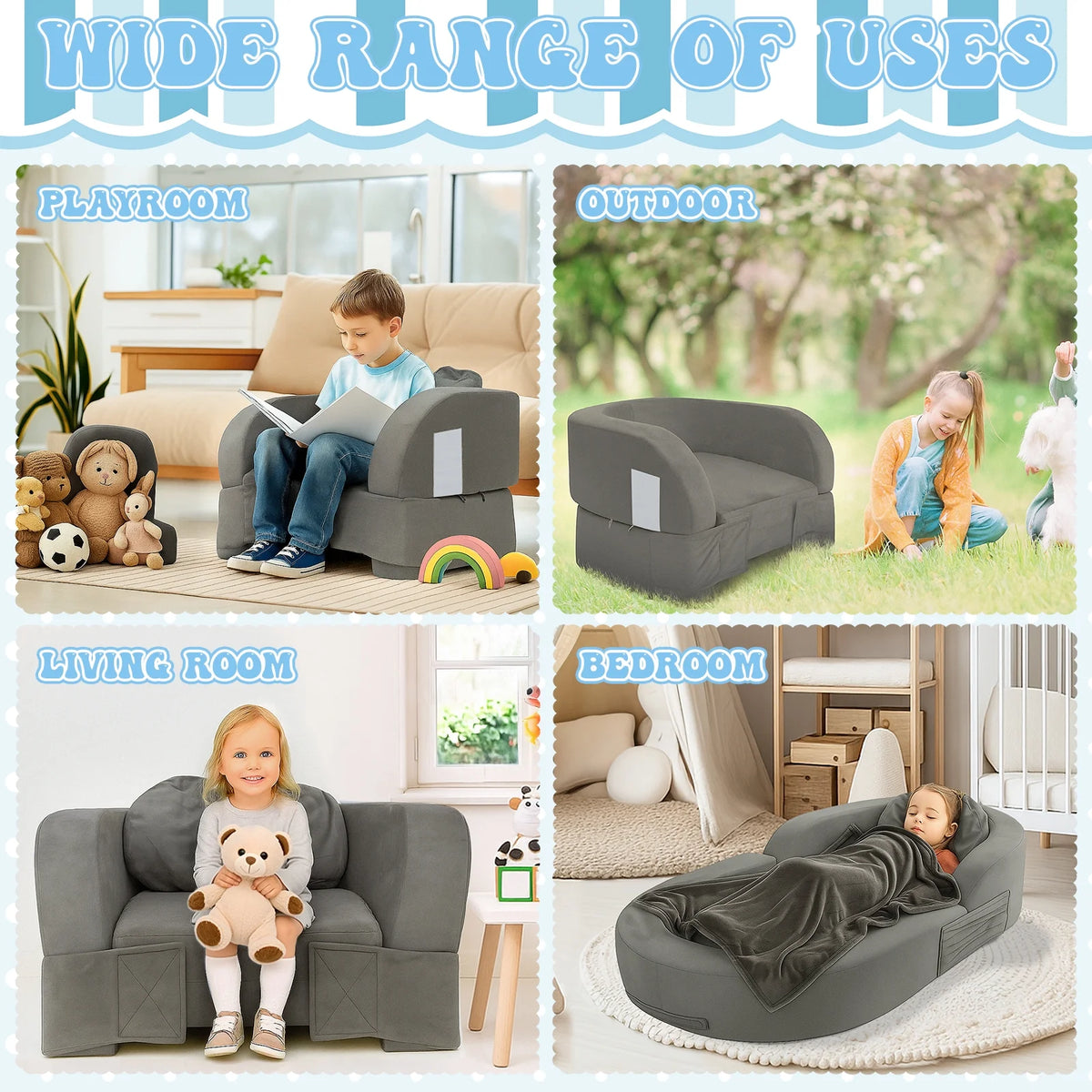 Coumy Toddler Travel Bed 2-in-1 Kids Sofa Chair with Removable Cover, Soft Foam Portable Foldable Toddler Bed for Travel with Carrying Bag, Blue - image 14
