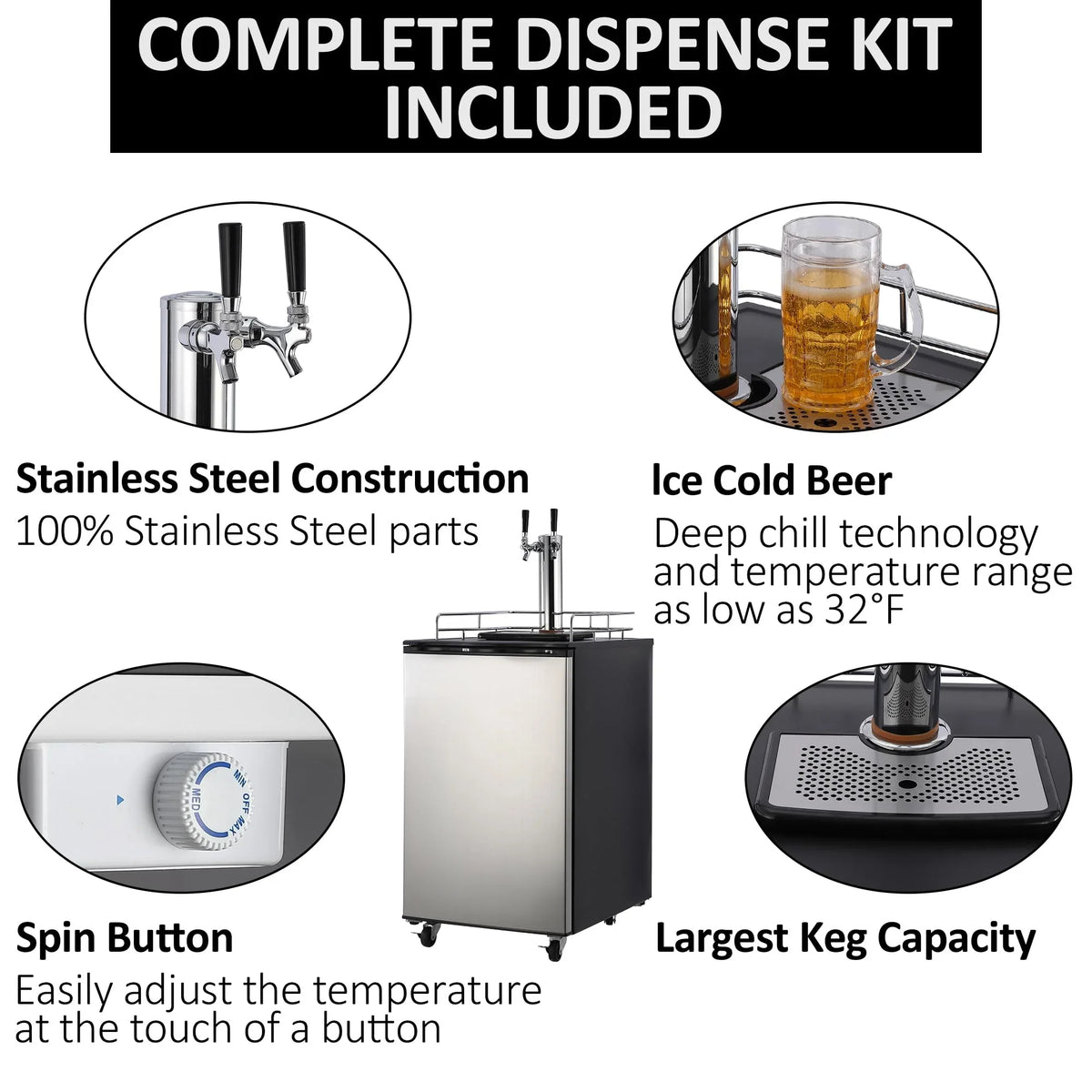 Beer Kegerator, Dual Tap Draft Beer Dispenser, Full Size Stainless Steel Keg Refrigerator With Drip Tray, CO2 Cylinder, 32°F- 50°F Temperature Control, 170L - image 4
