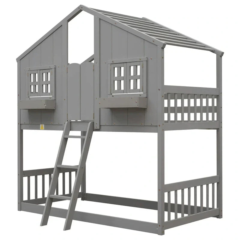 Twin over Twin House Bunk Bed with Roof , Window, Window Box, Door , with Safety Guardrails and Ladder, Grey - image 8