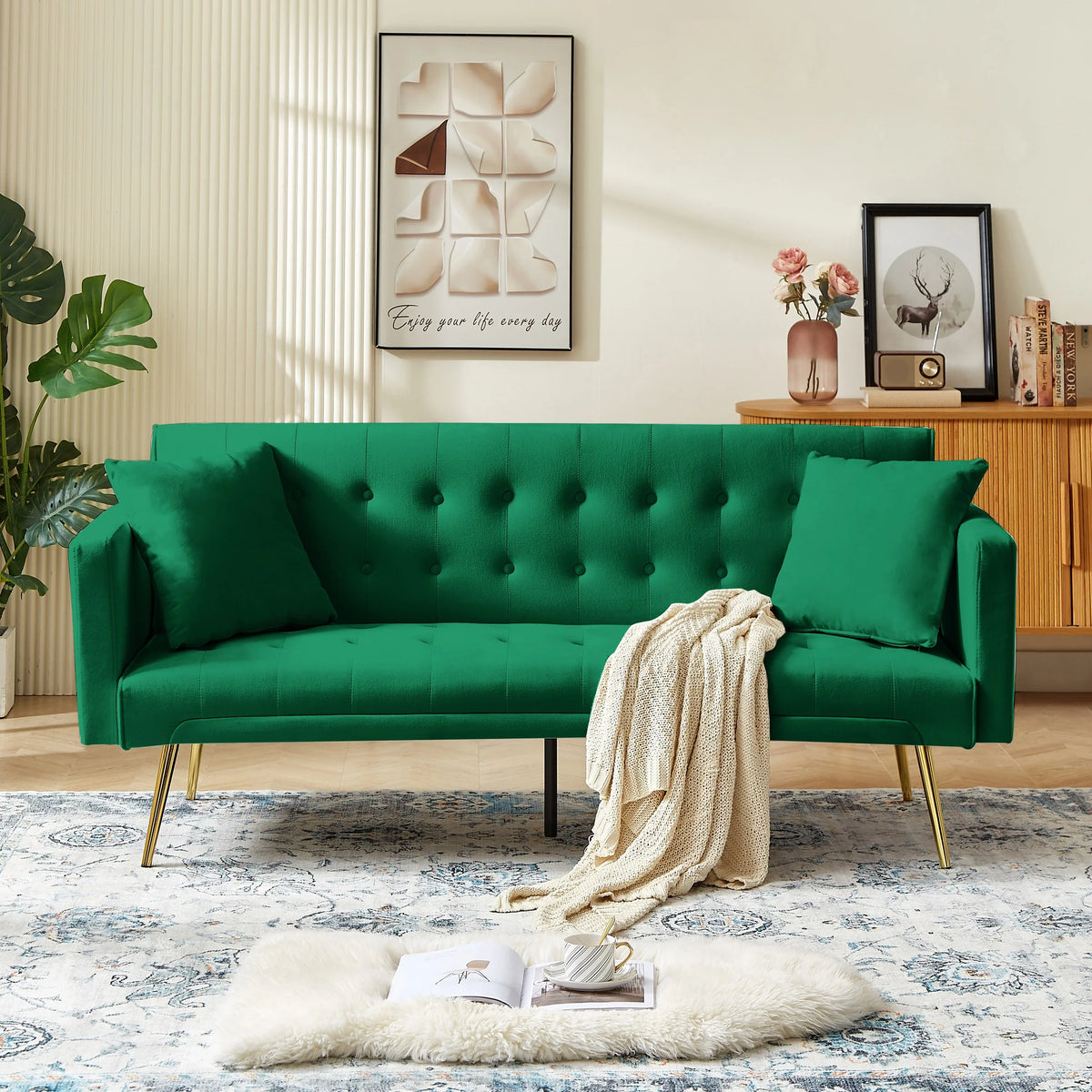 Leumius Velvet Futon Sofa Bed Mid-Century Modern Adjustable Backrest with Pillows, Gray/Gold - image 30
