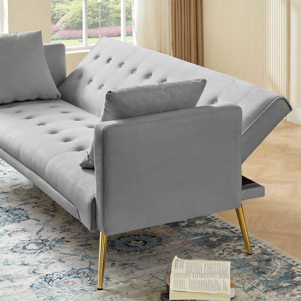 Leumius Velvet Futon Sofa Bed Mid-Century Modern Adjustable Backrest with Pillows, Gray/Gold - image 8