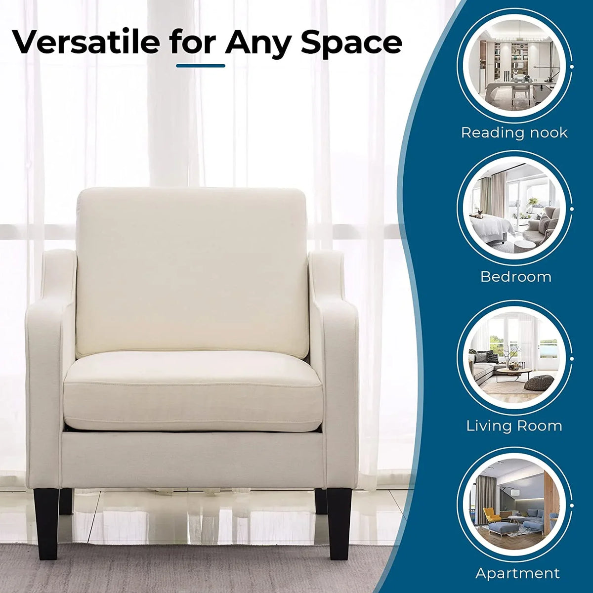 VINGLI Mid-Century Accent Chairs, Upholstered Linen Armchairs for Living Room/Bedroom, Beige (Set of 2) - image 6