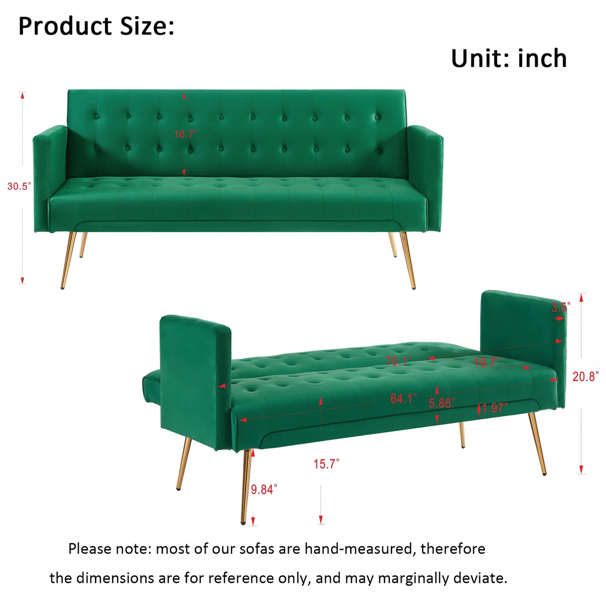 Leumius Velvet Futon Sofa Bed Mid-Century Modern Adjustable Backrest with Pillows, Gray/Gold - image 34