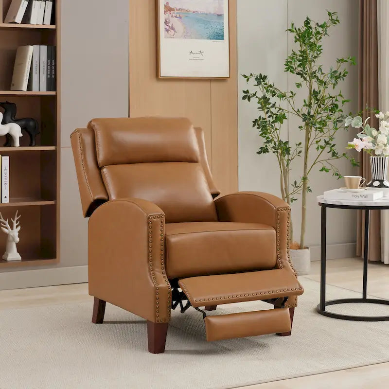 Authentic Leather Pushback Recliner with Adjustable Seat Back and Sturdy Wooden Legs - image 3