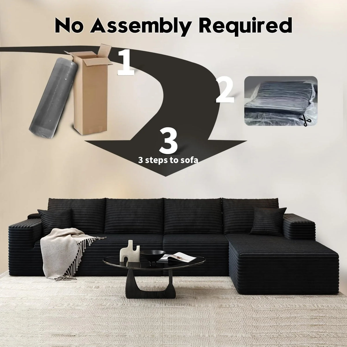 107.5" Cloud Modular Sectional Sofa Couch with L-Shape Chaise,Modern Minimalist Upholstered Couches for Living Room Bedroom,Deep Seat Corner Couch .No Assembly Required (Black,Left Facing Chaise) - image 48