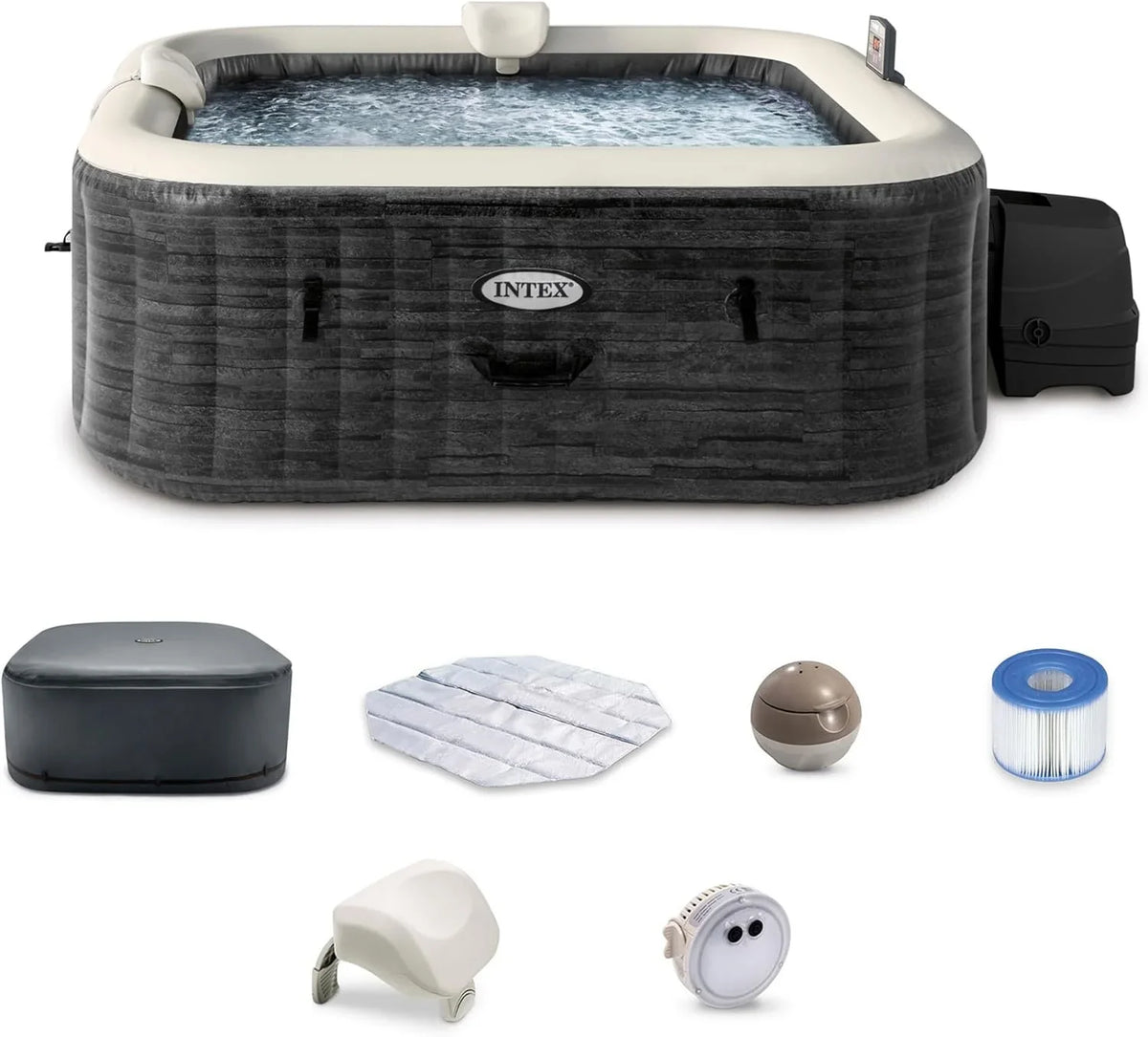 INTEX PureSpa Greystone Deluxe 4 Person Square Inflatable Hot Tub, Bubble Massage Spa - image 1