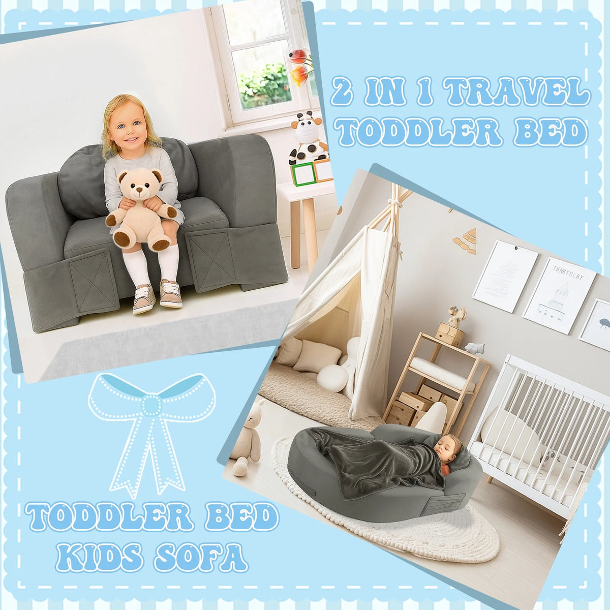 Coumy Toddler Travel Bed 2-in-1 Kids Sofa Chair with Removable Cover, Soft Foam Portable Foldable Toddler Bed for Travel with Carrying Bag, Blue - image 11
