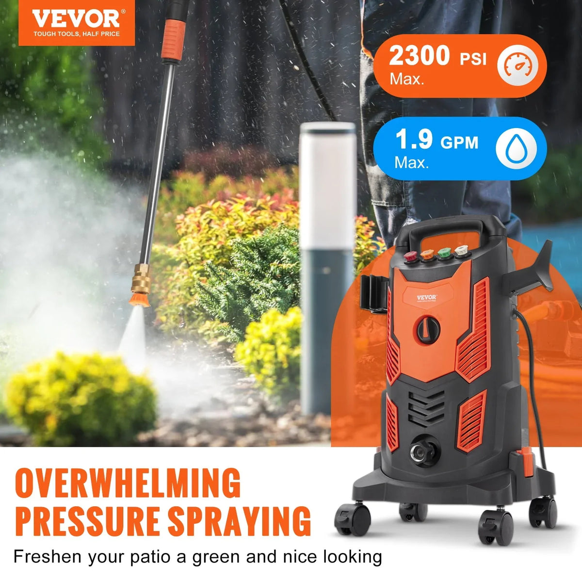 BENTISM Electric Pressure Washer 2300 PSI 1.9 GPM 1900W Cold Water Wheeled - image 2