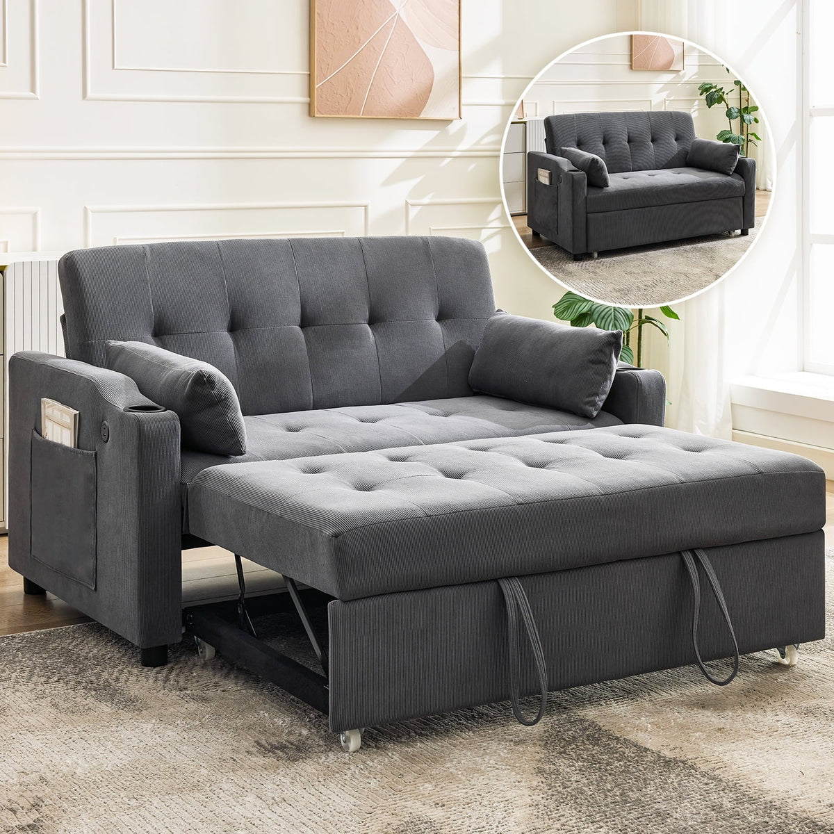 3 in 1 Convertible Sleeper Sofa Bed, Corduroy Futon Couches with Pull-Out Bed, Adjustable Backrest, Charging Port & Side Pockets, Modern Upholstered Sofa for Living Room, Guest Room - image 28