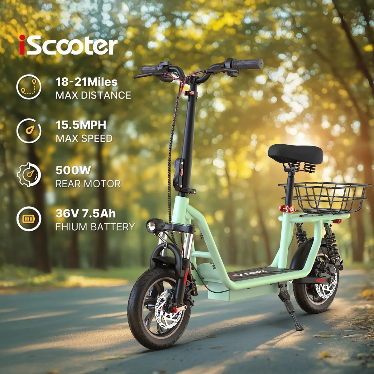 iScooter electric scooter with seat, 37/21 mile range, 28/19/15.6 mph top speed, dual suspension scooter with basket - image 23