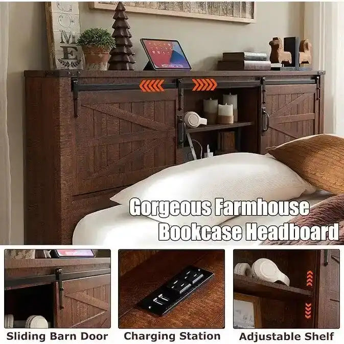 Farmhouse Full Bed Frame with Storage Shelves and Built-in Charging Station - image 39